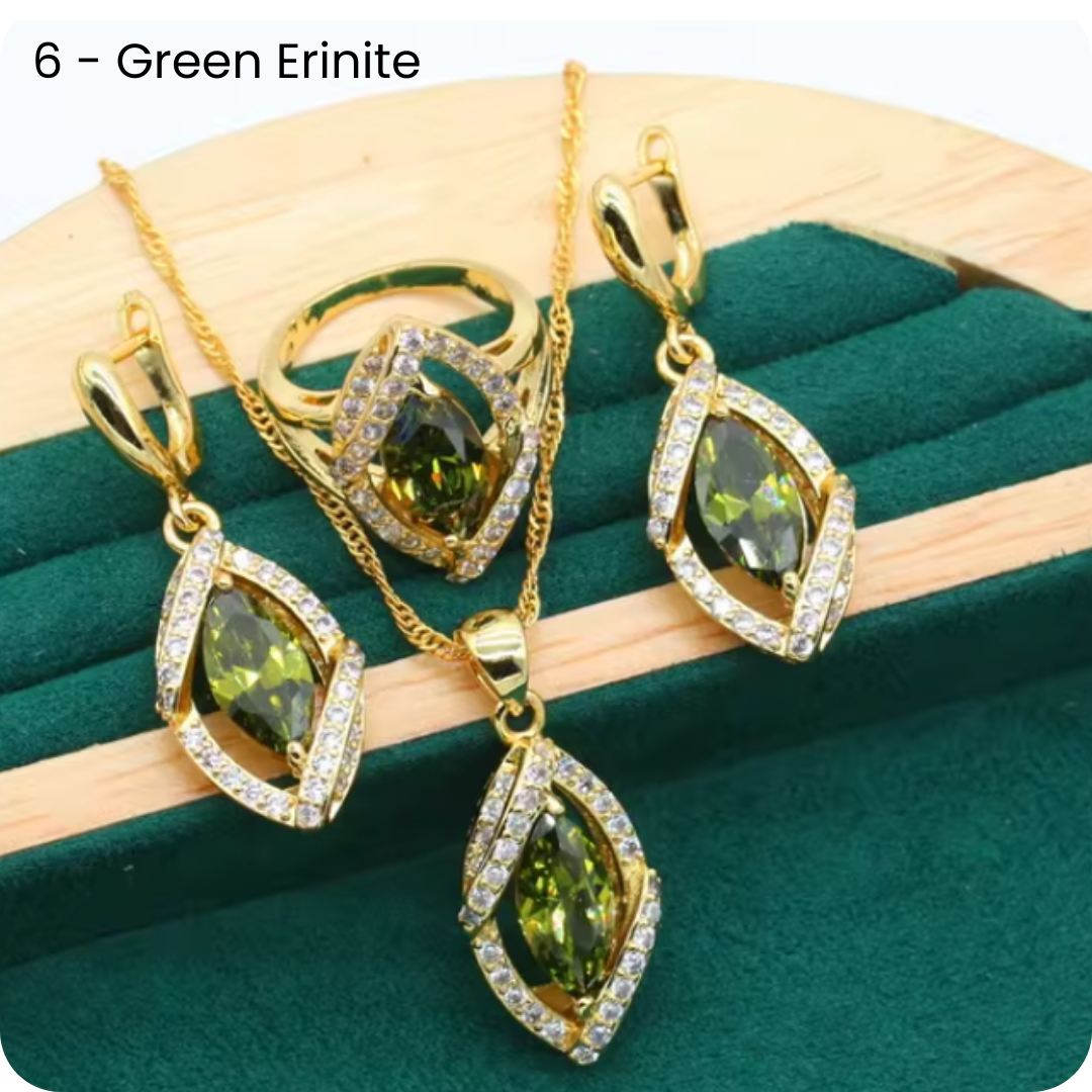 Dazzling Gold Female Jewelry - Sets 18K Gold Peridot Ruby Pendant Earring Bracelet & Ring Set For Women