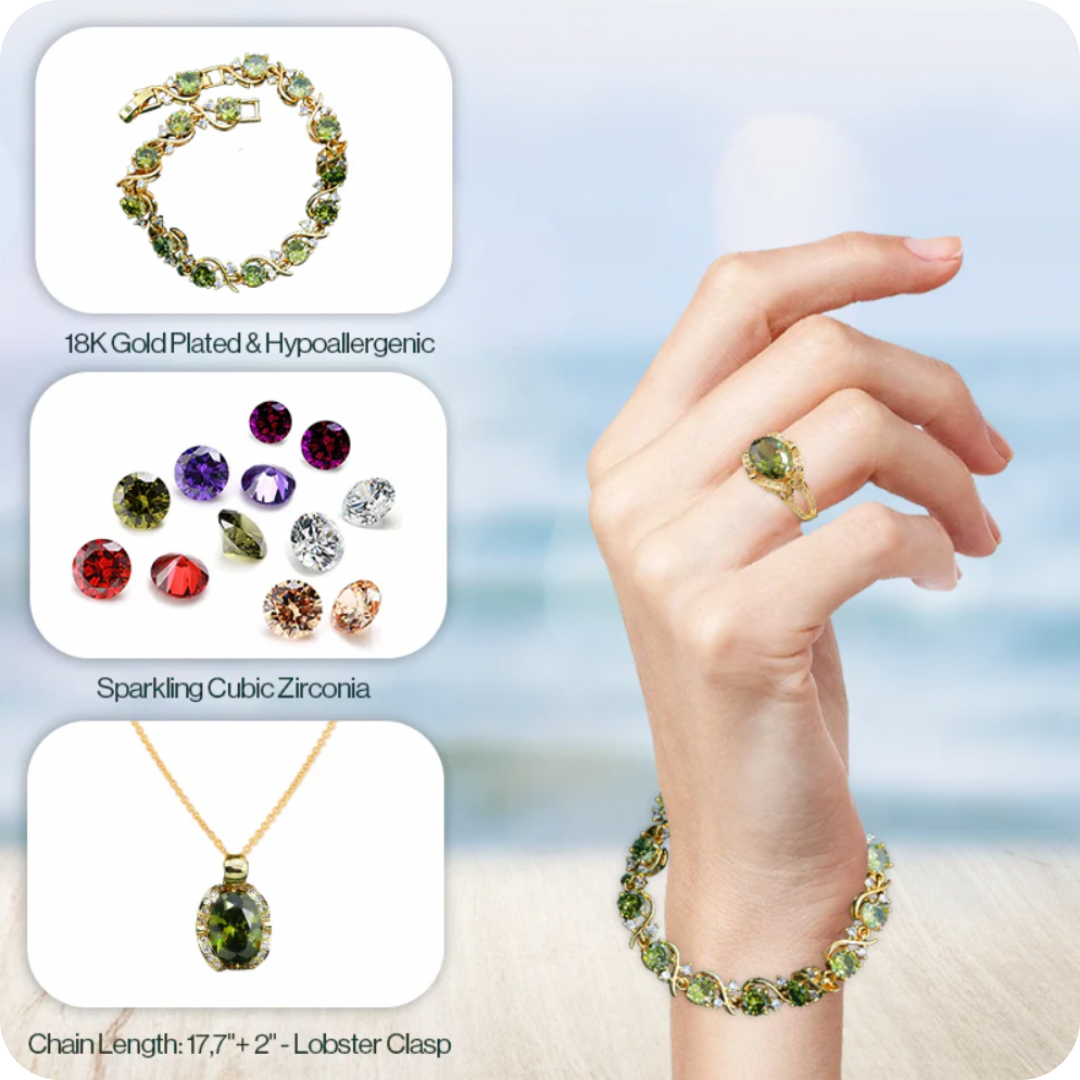 Dazzling Gold Female Jewelry - Sets 18K Gold Peridot Ruby Pendant Earring Bracelet & Ring Set For Women