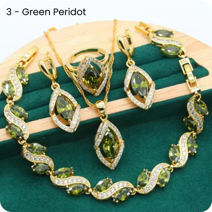 Dazzling Gold Female Jewelry - Sets 18K Gold Peridot Ruby Pendant Earring Bracelet & Ring Set For Women